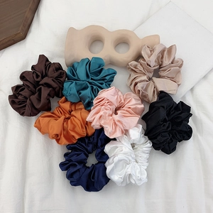 Set of 8 premium satin hair scrunchies in various colors with elegant pearlescent luster