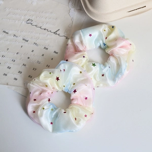 Two-pack rainbow gradient organza scrunchies with shiny star sequins for women