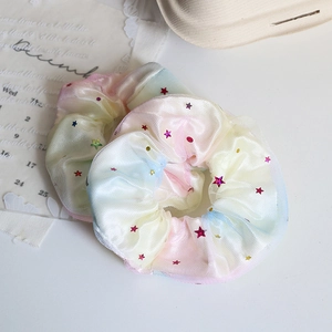 Macaron gradient mesh scrunchies set with colorful star sequins in soft romantic style