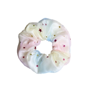 Iridescent laser organza scrunchie with colorful star sequins in pastel gradients