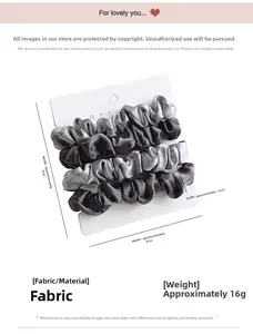 Detail of 4-pack satin scrunchie set with dimensions 8x9cm and 16g weight specs