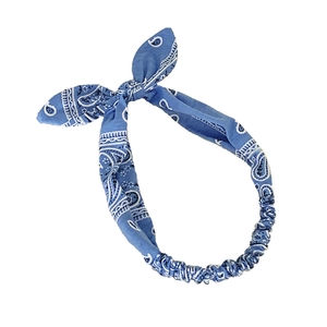 Light blue paisley print headband with rabbit ear knot and elastic band for women