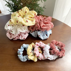 Dolci Scrunchies per Capelli Con Stampa a Ciliegie e Gingham per Donna Ragazze Stile Coreano Elastici in Tessuto Accessorio