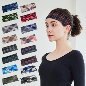 Bandeau de Sport à Bord Large Camouflage Plaid Bandeau Anti-Transpiration Respirant Élastique pour Hommes Femmes Gym Outdoor Randonnée Course