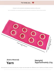 Detail of rose red knitted punk headband featuring double-row metal rings and dimensions