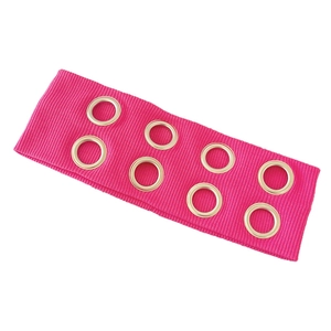 Pink ribbed headband with gold metal rings in punk hip-hop style for music festivals