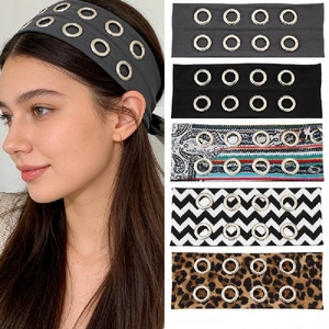 Vintage Women Printed Grommet Headband Elastic Wide Polyester Metal Eyelet Hairband Paisley Daily Hair Accessories