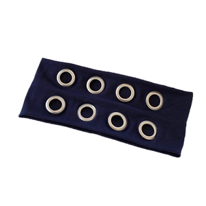 Navy blue printed headband with silver metal eyelets and retro paisley pattern