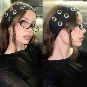 Punk style wide black elastic headband with double row large silver metal eyelets for women
