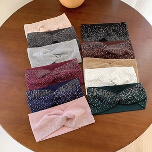 Women Rhinestone Twist Knot Headband Cotton Ribbed Knit Sparkling Hair Band Wide Elastic Hair Accessories For Daily Party