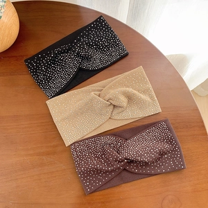 Three-piece sparkling rhinestone twisted headbands in black, beige, and brown colors