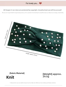 Detail view of a dark green knitted headband with pearls measuring 10 by 20.5 cm