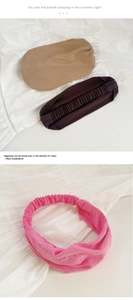 Detailed view of elastic headbands with rhinestones in khaki, brown, and rose pink fabrics
