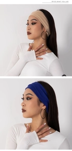 Close-up of elastic wide sports headbands in light khaki and royal blue colors
