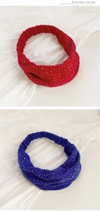 Detail of twisted elastic headbands with rhinestones in red and royal blue colors