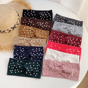Women Knitted Twist Knot Headband With Faux Artificial Pearl Solid Color Elastic Wide Hairband For Daily Vacation Hair Accessories