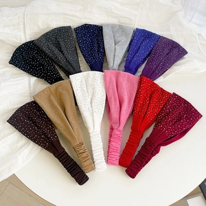 Rhinestone Embellished Cotton Headband For Women Wide Elastic Turban Hair Band Fashion Solid Color Headwrap Accessory