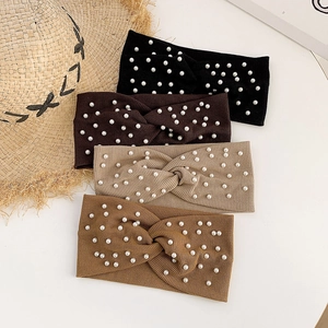 Knitted crossover headbands with pearls in black, coffee, khaki and caramel colors