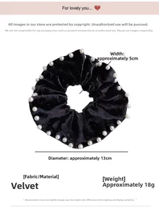 Detailed view of black velvet scrunchie with pearls showing 13cm diameter and 5cm width