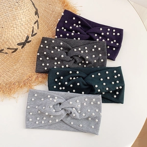 Knitted pearl crossover headbands in purple, dark grey, emerald green and light grey set