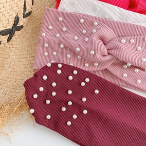 Chic knitted cross headband with pearls in assorted colors for women hair styling