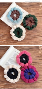 Detail of multi-color handmade chunky knit scrunchies in retro wave pattern textures