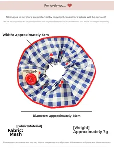 Blue plaid scrunchie with red button detail, 14cm diameter made of lightweight gauze fabric