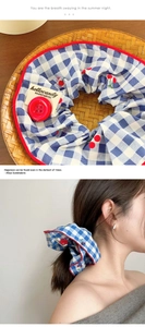 Macro shot of blue plaid scrunchie with cherry print and red button detail