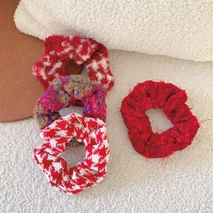 Winter plush red tweed hair scrunchies set with checkered patterns for women