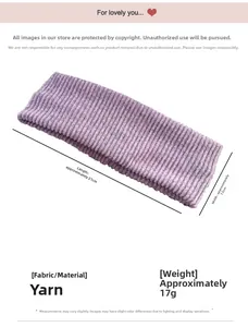 Detailed size view of a purple knitted headband showing 21cm length and 7.5cm width specs