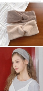 Detailed view of plush twisted winter headbands and model wearing the grey style