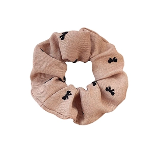 Chic beige scrunchie with black bow prints, Korean ins style elastic hair tie for women
