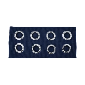 Elastic navy blue knit headband featuring eight silver metallic eyelets in punk style