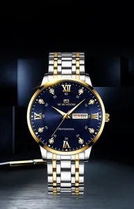 Detailed macro view of men's quartz watch with blue sunray dial and gold stainless steel band