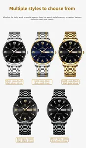 Detail view of quartz watch models featuring double calendar display and metal link bands