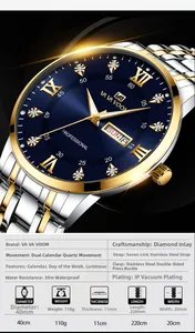 Close-up of luxury men's watch with blue sunray dial and gold stainless steel band