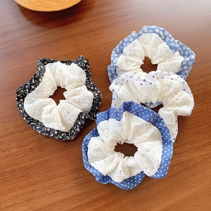 Lace plaid scrunchies set featuring floral and polka dot patterns on wooden table