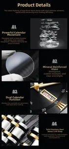 Detailing durable mineral glass, dual calendar movement, and steel watchband components
