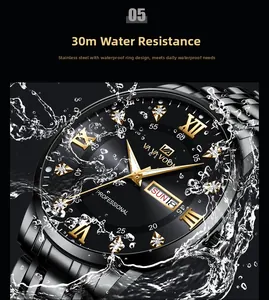 Macro shot of black stainless steel watch with golden markers splashing in water