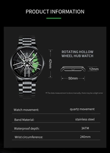 Specifiche orologio ruota auto con cassa in acciaio 42mm, pinza verde e movimento al quarzo
