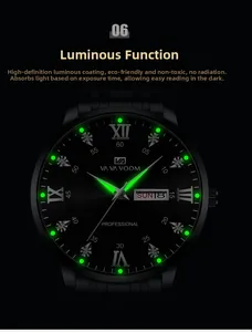 Detailed macro view showing luminous dial markers and calendar display on the black steel watch