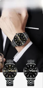 Detail view of VA VA VOOM luxury men's watch with steel band and dual date display