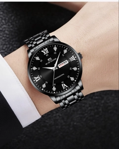 Detail of VA VA VOOM black stainless steel watch with roman numerals and day-date display