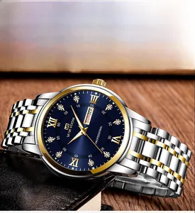 Macro detail of men's business watch featuring blue dial with roman numerals and gold accents