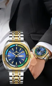 Close-up of luxury men business watch with bicolor steel band and blue dial on wrist