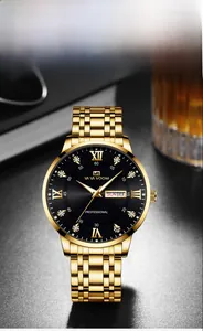 Detail view of VA VA VOOM gold men's watch with black dial and calendar display