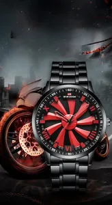 Close-up of VA VA VOOM watch featuring a rotating red turbine dial and steel band