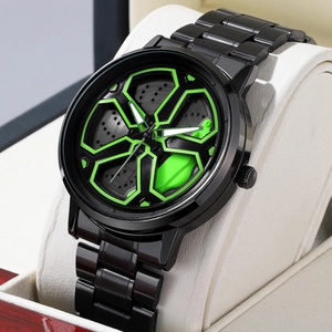 Orologio da Polso da Uomo al Quarzo Sportivo Mozzo Ruota Auto da Corsa Rotante Quadrante Vuoto Cinturino in Acciaio Inossidabile Impermeabile Moda
