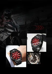 Close-up of racing watch featuring black steel band and red turbine-style rotating dial