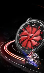 Detail of waterproof men's watch featuring a 360 degree rotating racing car wheel dial